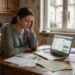 Femme stressée assise à une table de cuisine encombrée de factures impayées et d'un avis de loyer dans un appartement modeste