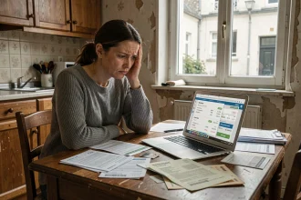 Femme stressée assise à une table de cuisine encombrée de factures impayées et d'un avis de loyer dans un appartement modeste