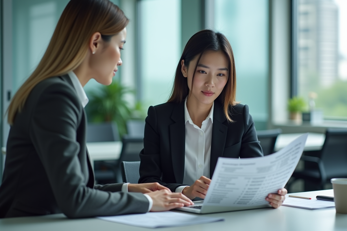 Jeune femme en costume utilisant un ordinateur au bureau