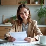 Femme souriante lisant des documents dans une cuisine moderne