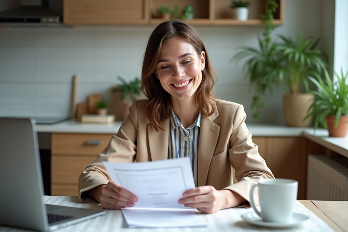 Femme souriante lisant des documents dans une cuisine moderne