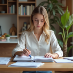 Jeune femme triant des documents dans un appartement lumineux