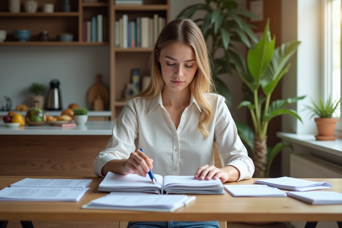 Jeune femme triant des documents dans un appartement lumineux