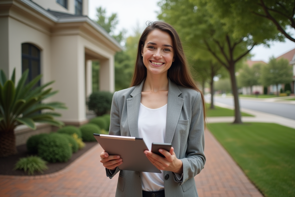 Jeune femme souriante évaluant une propriété extérieurement