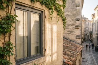 Fenêtre en aluminium anthracite installée sur une façade en pierre de taille rénovée à Nîmes