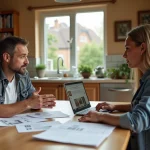 Frère et sœur discutant du rachat de part d'une maison en indivision autour d'une table avec des documents immobiliers