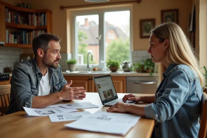 Frère et sœur discutant du rachat de part d'une maison en indivision autour d'une table avec des documents immobiliers