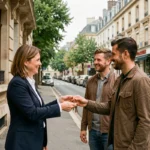 Une agente immobilière remet des clés à un couple devant un immeuble en Seine-et-Marne, illustrant la gestion locative dans le département