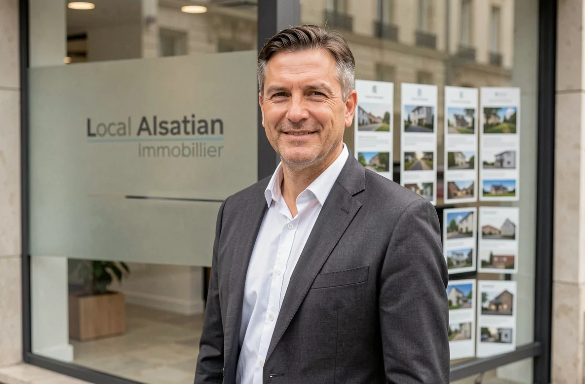 Agent immobilier de Girardi Immobilier devant la façade de l'agence, en costume gris dans une rue alsacienne