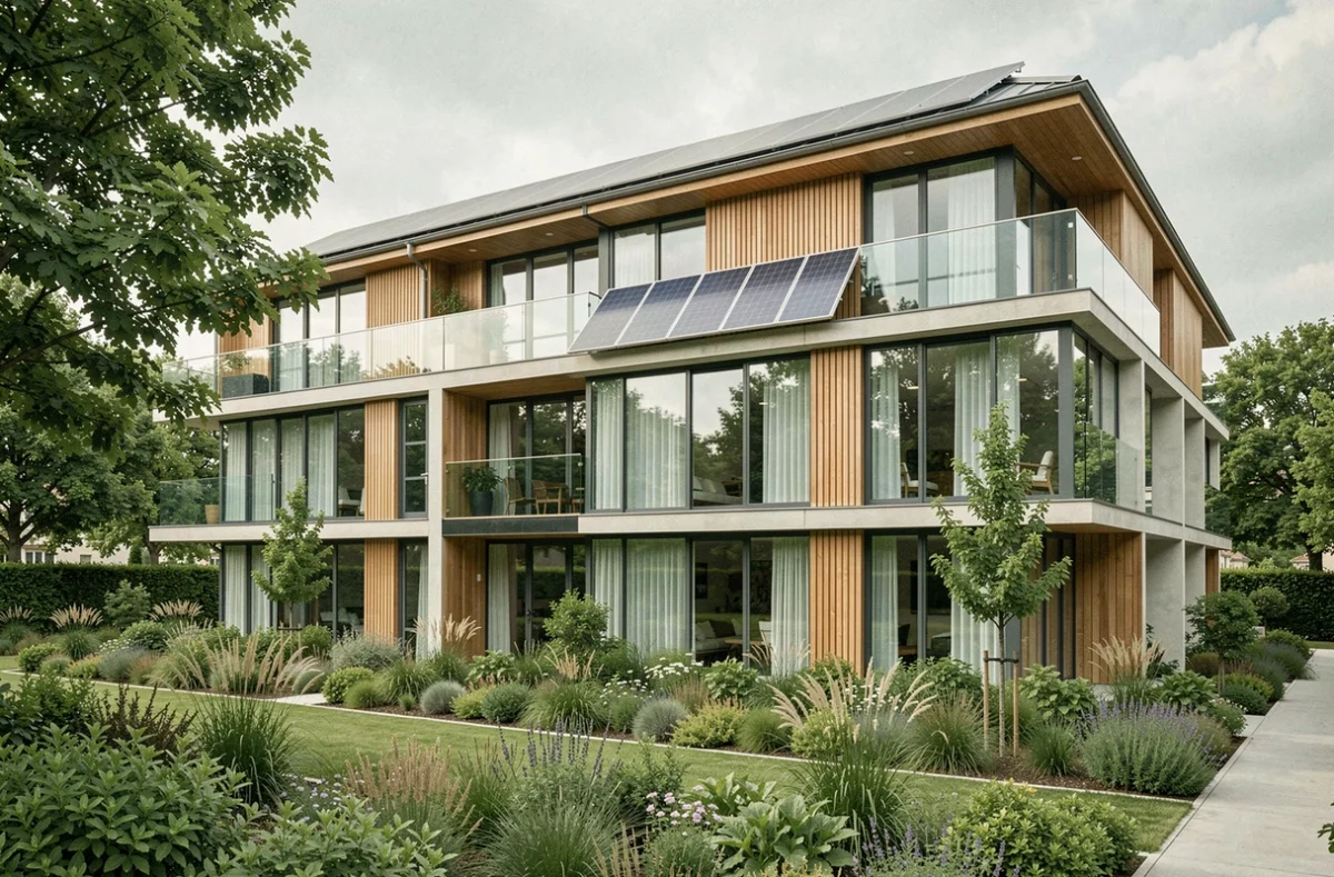 Immeuble résidentiel écologique de Green City Immobilier avec façade bois et verre, panneaux solaires et jardins paysagers en Haute-Garonne