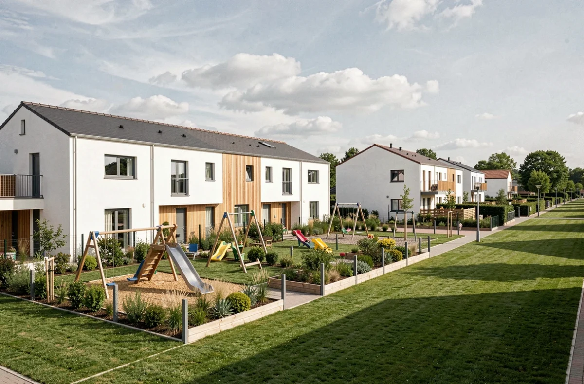 Lotissement pavillonnaire contemporain du Groupe Cailleau en banlieue de Toulouse avec maisons de ville, jardins privatifs et aire de jeux