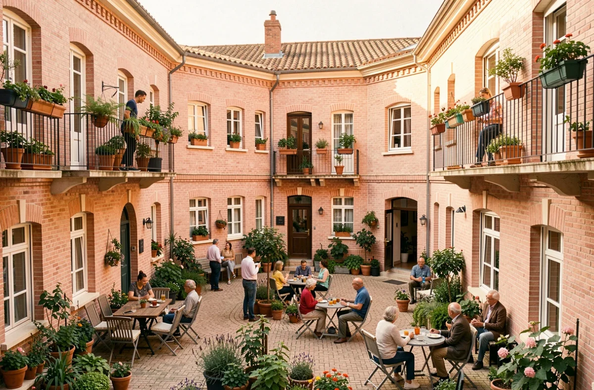 Résidence sociale en brique rose du Groupe des Chalets à Toulouse avec cour commune fleurie et résidents de différentes générations