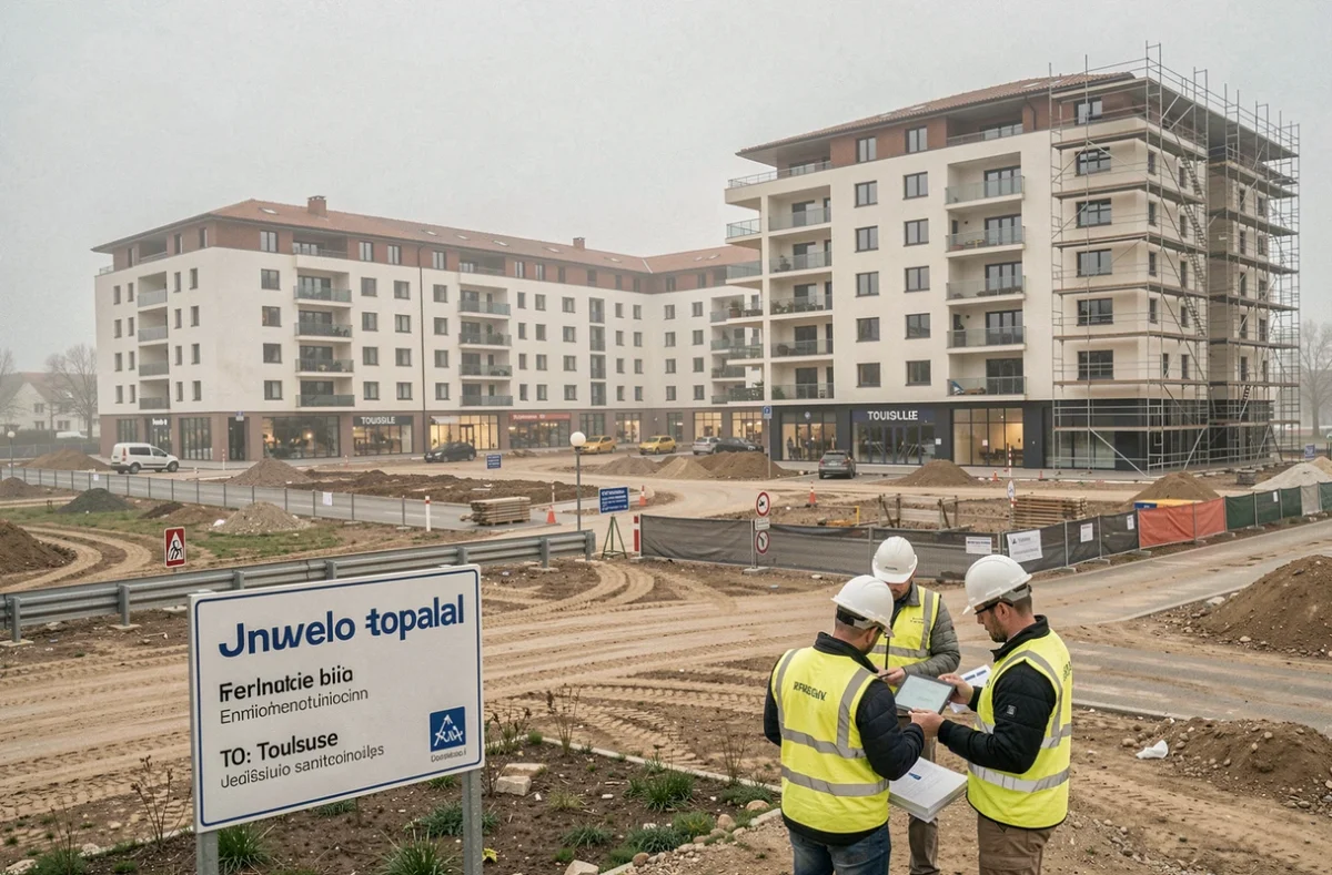 Chantier de développement immobilier mixte du Groupe Promomidi à Toulouse avec commerces en rez-de-chaussée et résidences en construction
