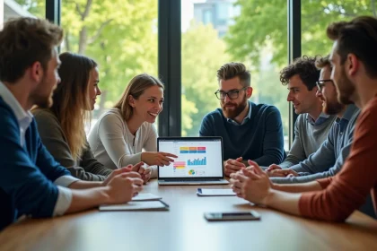 Groupe de personnes en réunion dans un espace coworking lumineux