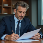 Homme d'affaires en costume bleu examinant des documents financiers