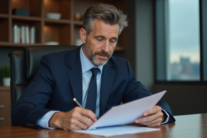 Homme d'affaires en costume bleu examinant des documents financiers