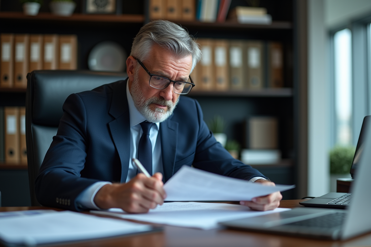 Homme d'affaires en costume lisant un contrat dans un bureau moderne