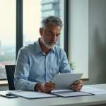 Homme d'affaires en intérieur moderne avec tablette