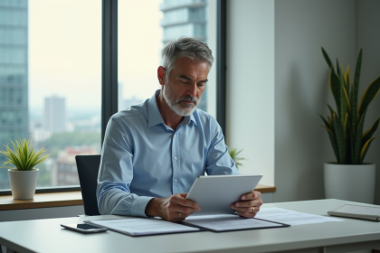 Homme d'affaires en intérieur moderne avec tablette