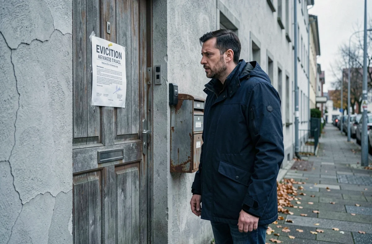 Homme lisant un avis d'expulsion affiché sur une porte d'immeuble résidentiel dans une rue urbaine grise en automne