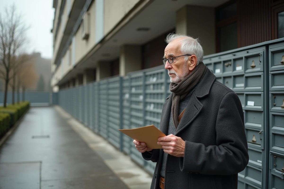 Homme âgé près des boîtes aux lettres extérieures