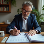 Homme d'âge moyen en costume calculant impots