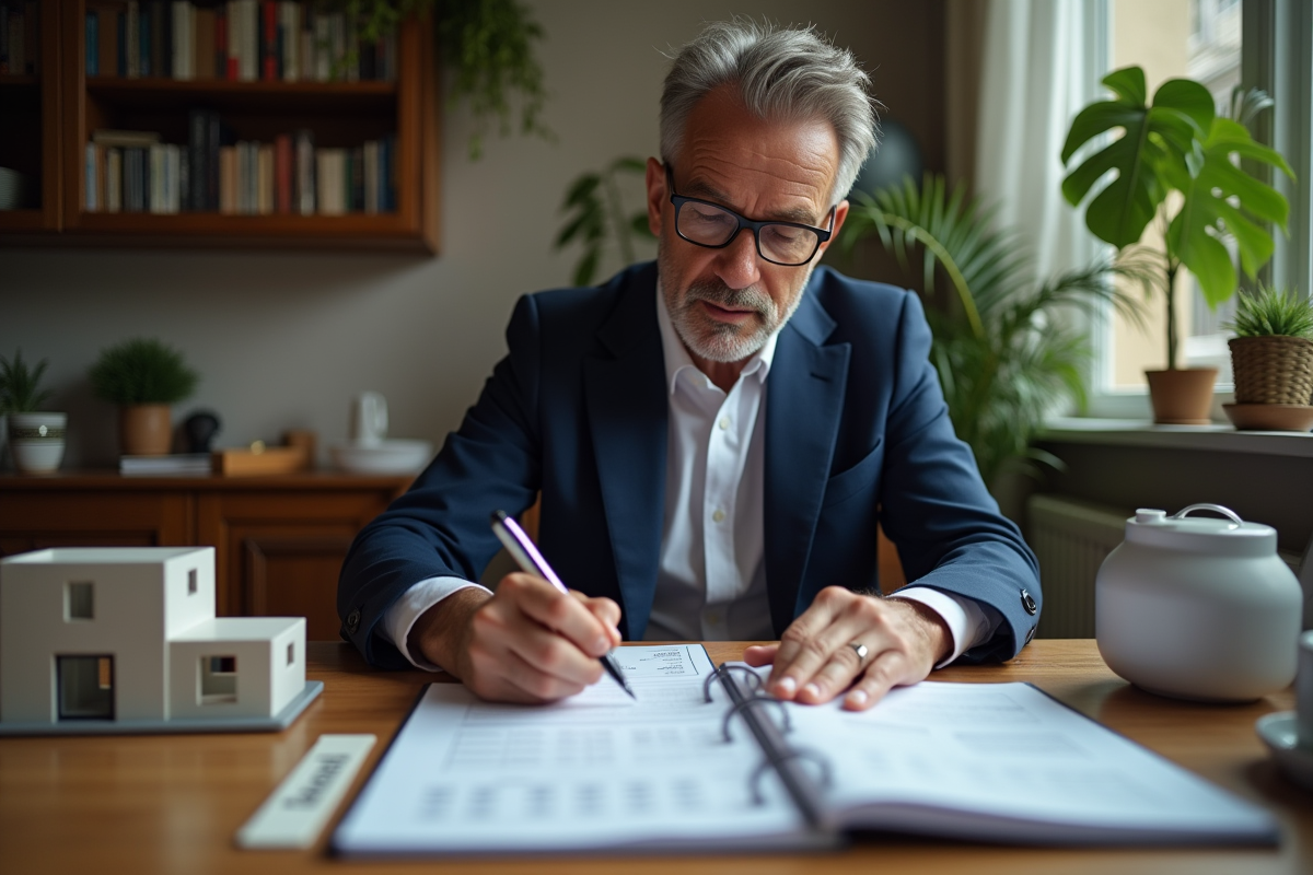 Homme d'âge moyen en costume calculant impots