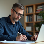 Homme en train de remplir un calcul de prêt immobilier à domicile