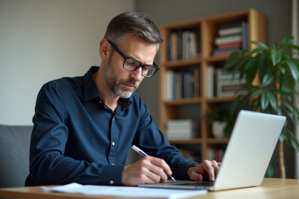 Homme en train de remplir un calcul de prêt immobilier à domicile