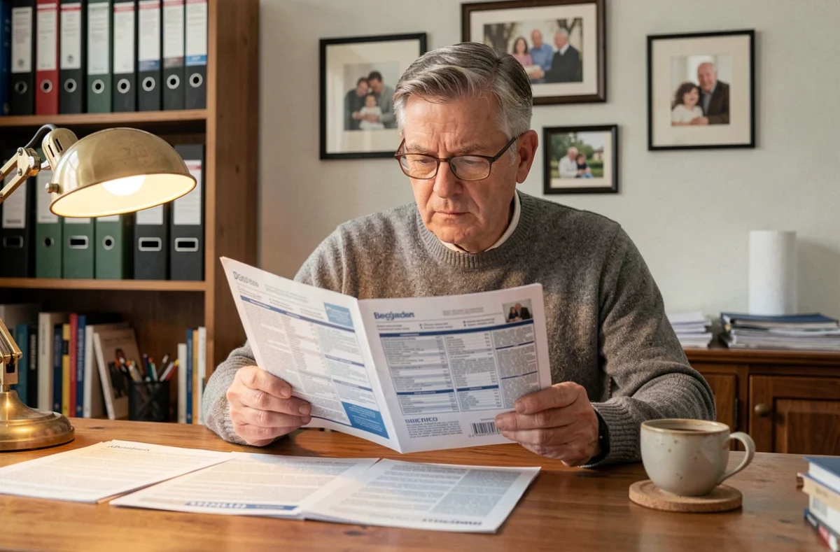 Homme comparant deux offres d'assurance habitation dans son bureau à domicile