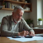 Homme d'âge moyen concentré sur ses papiers dans la cuisine