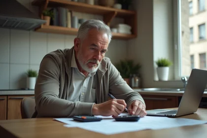 Homme d'âge moyen concentré sur ses papiers dans la cuisine