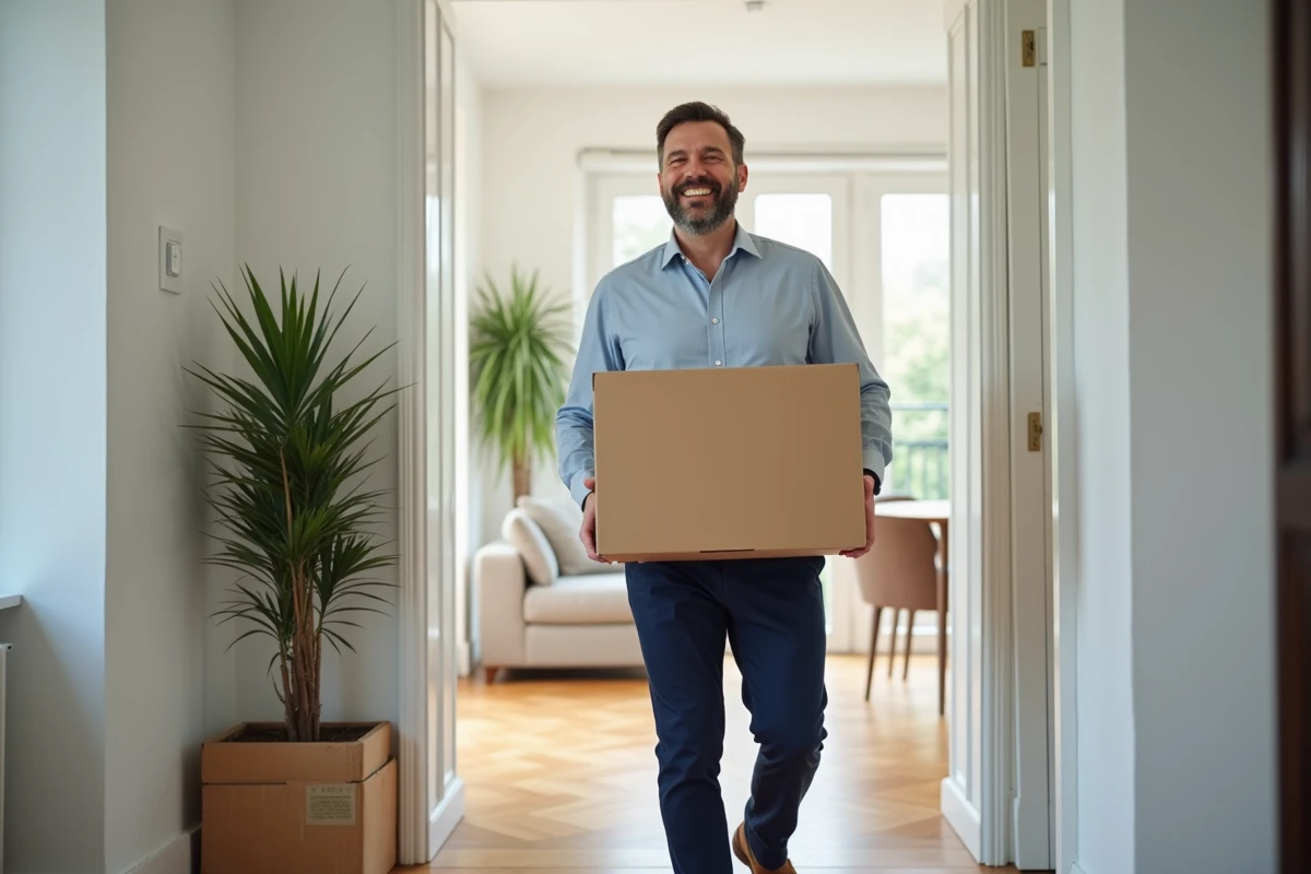 Homme avec carton dans un appartement lumineux à Toulouse