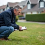 Homme d'âge moyen examine un terrain en extérieur