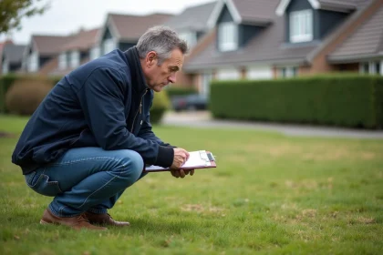Homme d'âge moyen examine un terrain en extérieur