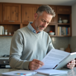 Homme d'âge moyen examinant des documents immobiliers dans une maison lumineuse