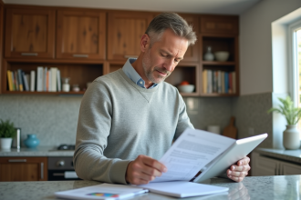 Homme d'âge moyen examinant des documents immobiliers dans une maison lumineuse