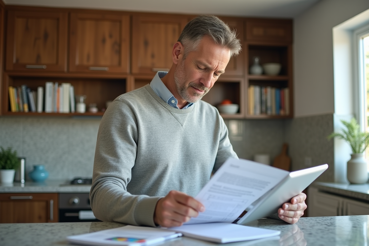 Homme d'âge moyen examinant des documents immobiliers dans une maison lumineuse