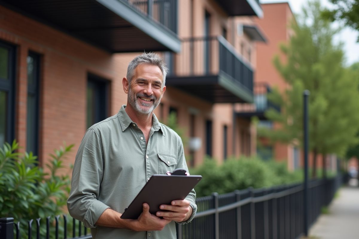 Homme souriant vérifiant ses notes devant un immeuble rénové