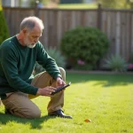 Homme d'âge moyen en jardinage avec calculatrice et mètre