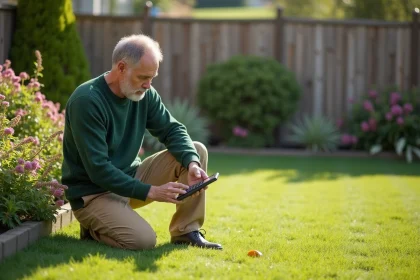 Homme d'âge moyen en jardinage avec calculatrice et mètre