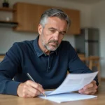 Homme d'âge moyen lisant un bail dans un appartement moderne