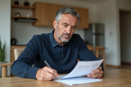 Homme d'âge moyen lisant un bail dans un appartement moderne