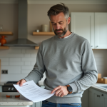 Homme d'âge moyen lisant un contrat d'assurance dans la cuisine