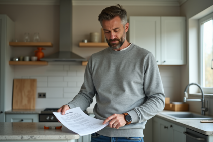 Homme d'âge moyen lisant un contrat d'assurance dans la cuisine