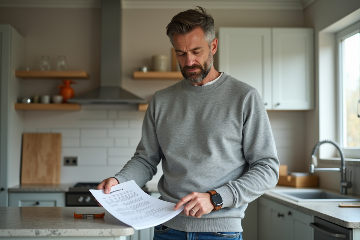Homme d'âge moyen lisant un contrat d'assurance dans la cuisine