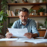 Homme d'âge moyen étudiant des documents de prêt à la maison