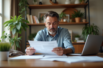 Homme d'âge moyen étudiant des documents de prêt à la maison