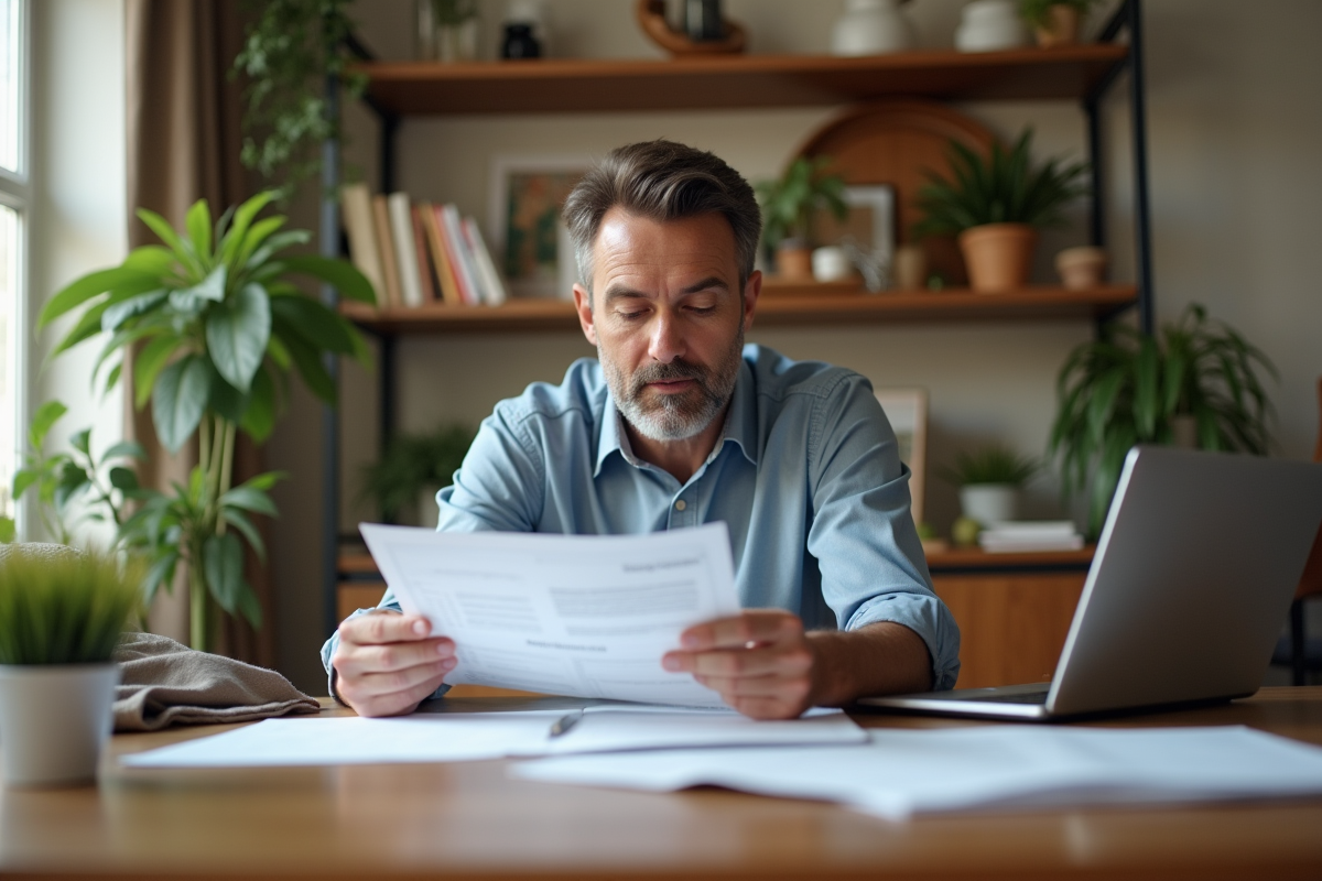 Homme d'âge moyen étudiant des documents de prêt à la maison