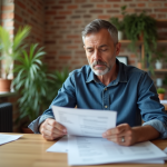 Homme d'âge moyen examinant un document fiscal dans un intérieur lumineux
